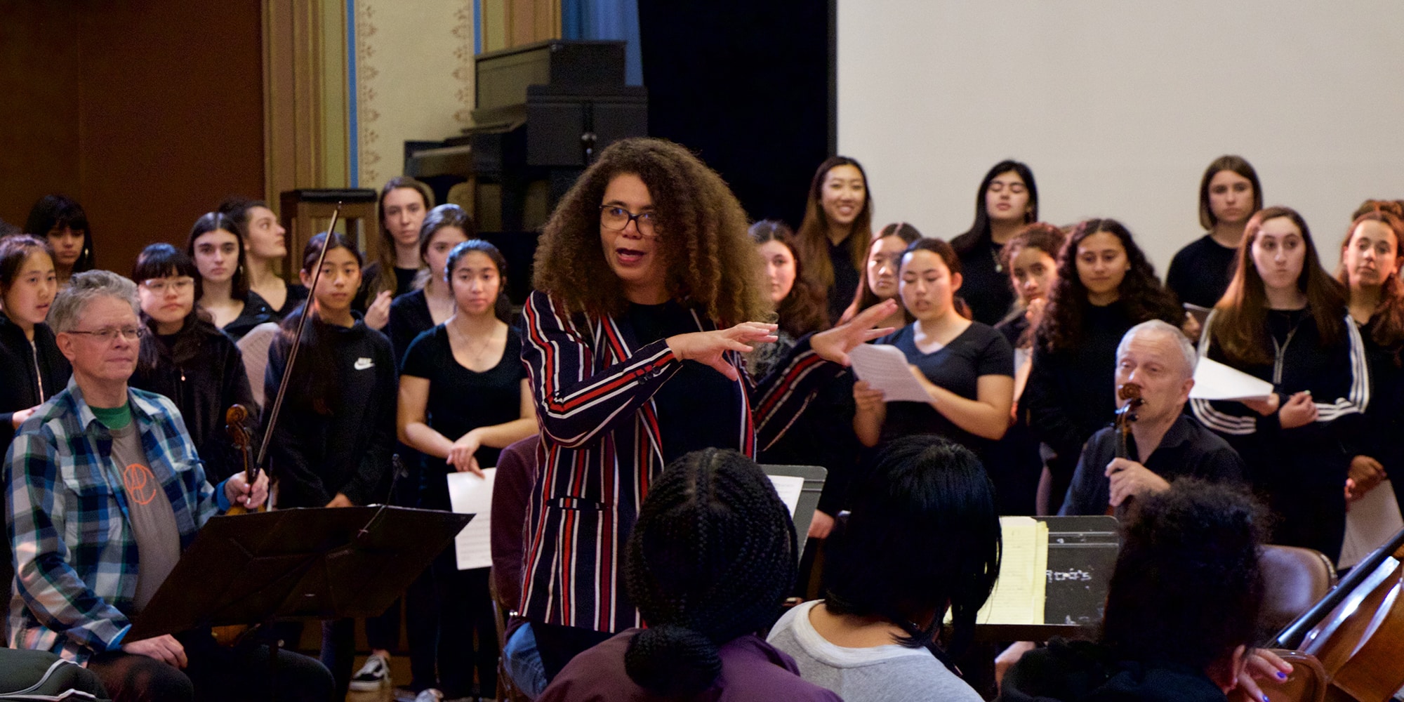 Kronos Quartet rehearsing with Kronos Festival 2019 artist-in-residence Valérie Sainte-Agathe and the San Francisco Girls Chorus, credit Evan Neff