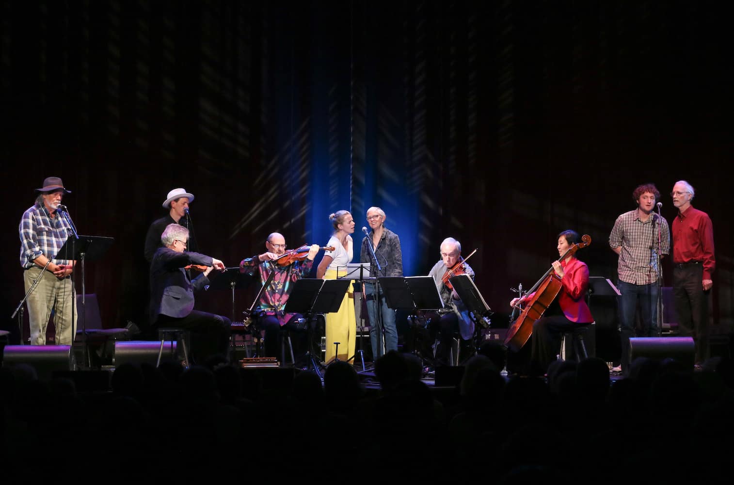 Lee Knight, Brian Carpenter, Aoife O'Donovan, Mary Alice Amidon, Sam Amidon, and Peter Amidon perform with Kronos during the premiere of Pete Seeger @ 100 at the FreshGrass Music Festival in North Adams, Massachusetts, on September 20, 2019 / credit Hilary Saunders for No Depression