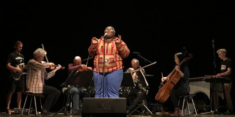 Tassiana Willis rehearsing Echoes with Kronos Quartet and the Living Earth Show in October 2017 at the Herbst Theater