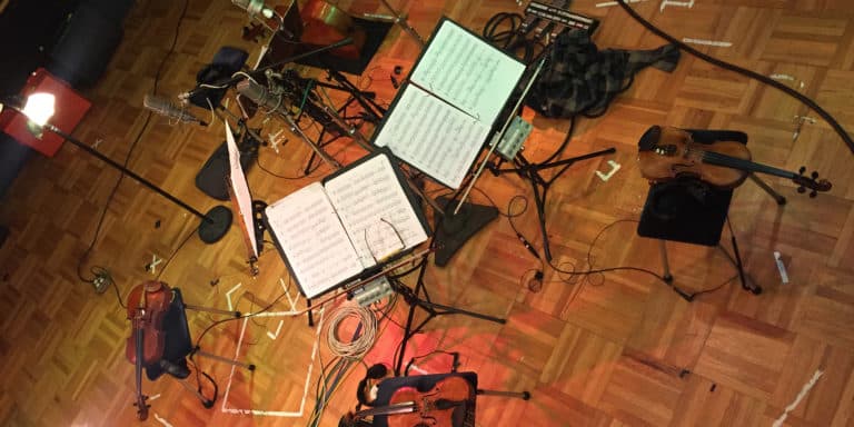 Kronos Quartet's instruments and music stands at Fantasy Studios in Berkeley, California / credit Robert Kirby