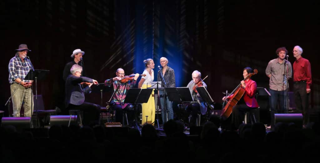 Lee Knight, Brian Carpenter, Aoife O'Donovan, Mary Alice Amidon, Sam Amidon, and Peter Amidon perform with Kronos during the premiere of Pete Seeger @ 100 at the FreshGrass Music Festival in North Adams, Massachusetts, on September 20, 2019 / credit Hilary Saunders for No Depression