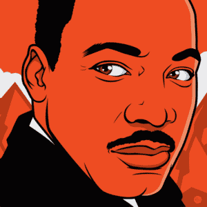red-and-black vector drawing of Dr Martin Luther King, Jr