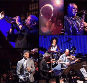 photo collage of jazz musicians Terence Blanchard (trumpet), Bill Frisell (guitar), Joe Lovano (saxophone), Cindy Blackman Santana (drums), Kronos Quartet, and SFJAZZ Collective Saxophonist