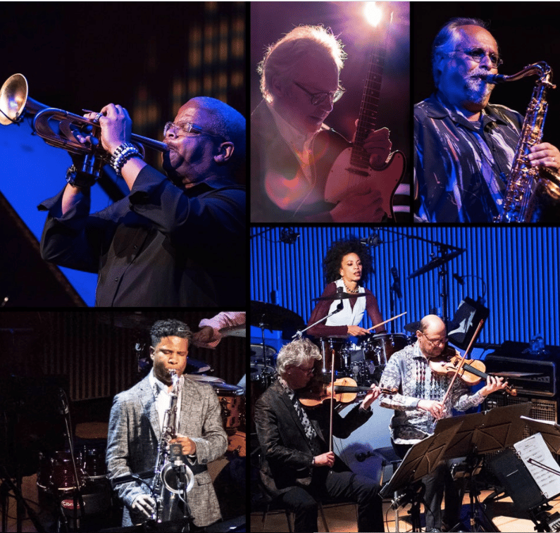 photo collage of jazz musicians Terence Blanchard (trumpet), Bill Frisell (guitar), Joe Lovano (saxophone), Cindy Blackman Santana (drums), Kronos Quartet, and SFJAZZ Collective Saxophonist